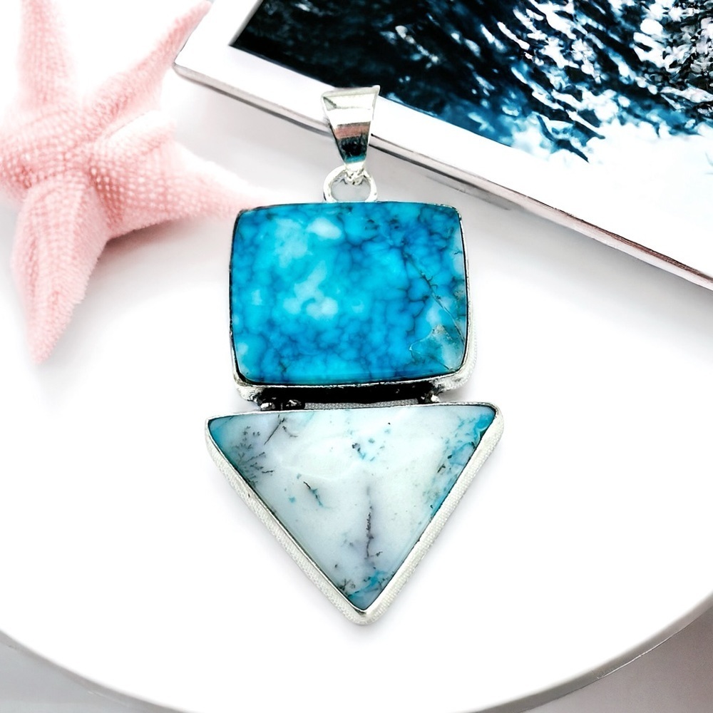 Marine Blue Dendritic Agate 925 Silver Plated Pendant Necklace